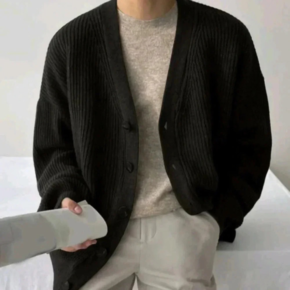 Black Mens Drop Shoulder Cardigan - Picture 4 of 5